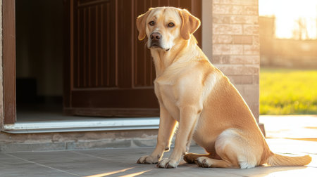 Golden Labrador Dog Sitting on Floor Near Doorway with Soft Evening Sunlight in Background, Ready to Greet Its Owner at Home Outdoor Entranceの素材