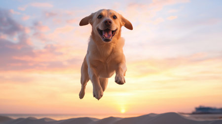 Happy Labrador Dog Jumping in Sunset Glow Over Sandy Landscape with Vibrant Sky and Soft Clouds Capturing Joyful Moments of Outdoor Playの素材