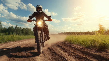 Adventurous Motorcycle Rider on Dusty Trail with Blue Sky and Sunlight in the Background, Capturing the Spirit of Freedom and Exploration in Natureの素材