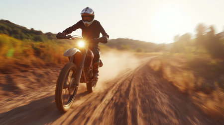 Dynamic Off-Road Motorcycle Rider on Dusty Trail During Golden Hour Light with Trees and Mountains in Background Creating Adventurous Atmosphereの素材