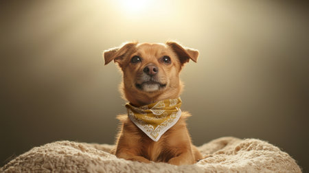 Adorable small dog with a bandana resting on a soft surface, with dramatic lighting creating a warm and inviting atmosphere for pet photographyの素材