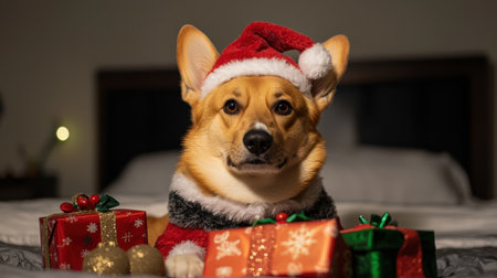 Adorable Corgi in Santa Hat Surrounded by Colorful Christmas Gifts on Bed Ready for Holiday Celebrations with Cheerful Vibes and Festive Spiritの素材