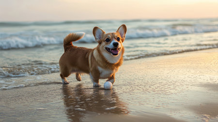 Happy Corgi Dog Playing on the Beach During Sunset with Ocean Waves and Soft Sand in the Background, Joyful Pet Moment at Seasideの素材