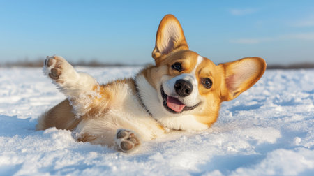 Adorable Corgi Dog Relaxing Playfully in Fresh Snow with Clear Blue Sky Background, Capturing Joy and Happiness in Winter Wonderland Environmentの素材