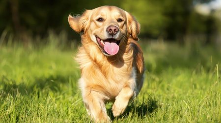 Playful golden retriever dog running joyfully through a lush green field on a sunny day, capturing moments of happiness and liveliness in natureの素材
