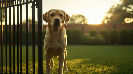 Curious Dog Standing by Metal Fence in Lush Green Garden During Golden Hour Light with Soft Sunlight Filtering Through Treesの素材