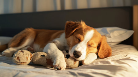 Sweet Dreams of a Puppy: Adorable Dog Snuggles with Toy on Soft Bed in Serene Morning Lightの素材