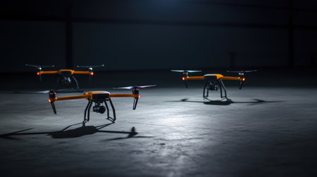 Three modern drones positioned on a dimly lit floor with spotlight effects showcasing their design and technology in a high-tech environmentの素材