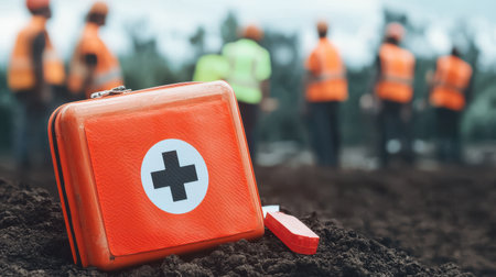 Safety Supplies in Outdoor Work Environment with First Aid Kit in Focus and Workers in Background Wearing High-Visibility Vestsの素材