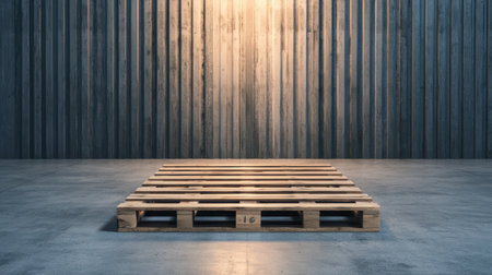 Wooden pallet on an industrial concrete floor with soft lighting against a textured wall, showcasing simplicity and minimalism in design and architectureの素材