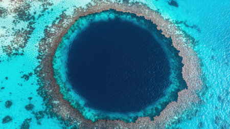 Aerial View of Natural Blue Hole Surrounded by Coral Reef in Crystal Clear Tropical Watersの素材