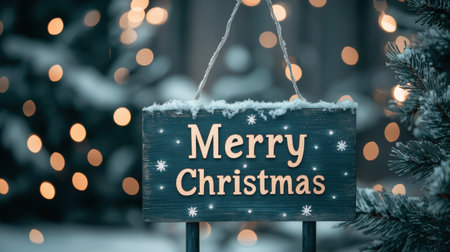 Cozy Winter Scene Featuring a Decorative Merry Christmas Sign Adorned with Snowflakes and Surrounded by Glowing Lights and Evergreen Foliageの素材