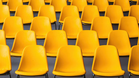 Bright Yellow Chairs Arranged in Rows Creating an Eye-Catching Visual Display in a Modern Indoor Spaceの素材