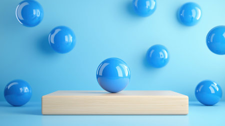 Floating Blue Spheres Above a Wooden Platform with a Soft Blue Background, Perfect for Modern Design and Abstract Conceptsの素材