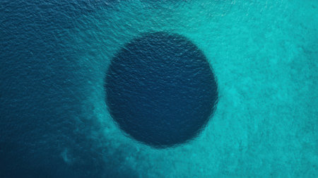Aerial View of a Mysterious Circular Formation in a Deep Blue Ocean Surrounded by Vibrant Turquoise Waters on a Bright Sunny Dayの素材