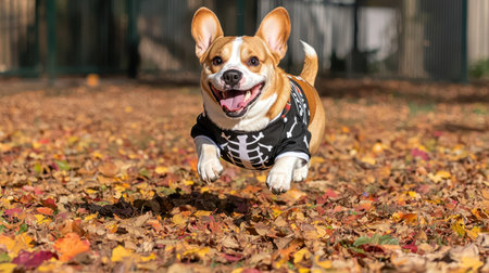 Happy Dog in Skeleton Costume Jumping Through Colorful Autumn Leaves in a Playful Outdoor Settingの素材