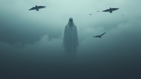 Ethereal Ghost Emerging from Foggy Background Surrounded by Flying Birds and Mystical Atmosphere Evoking Feelings of Mystery and Intrigueの素材