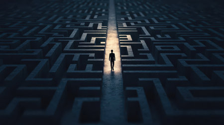 Person Walking Through a Complex Maze Illuminated by Light in a Dreamlike Landscape of Shadows and Patterns at Duskの素材