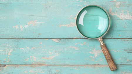 Vintage Magnifying Glass on Textured Blue Wooden Surface for Investigative and Exploration Themesの素材