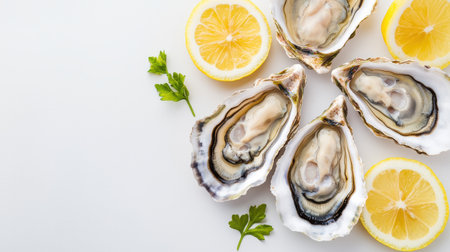 Freshly Shucked Oysters with Lemon Slices and Green Parsley on a Light Background for Elegant Seafood Presentationの素材