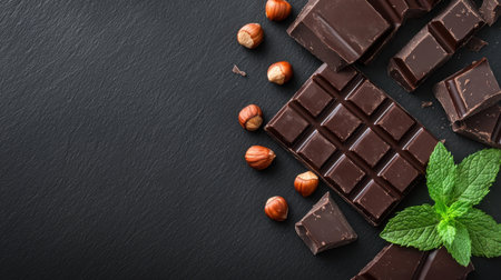 Dark chocolate pieces with whole hazelnuts and fresh mint leaves arranged on a textured black stone background for culinary or dessert conceptsの素材