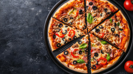 Freshly Baked Pizza with Toppings of Cheese, Meat, Peppers, Olives, and Basil on Black Background Ready for Serving and Enjoymentの素材