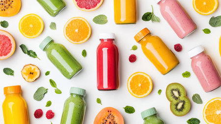 Colorful assortment of fresh juices in bottles surrounded by fruits and mint leaves on a white background, showcasing healthy drinks and vibrant ingredientsの素材