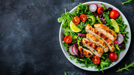 Grilled Chicken Breast Slices Served on a Fresh Salad with Cherry Tomatoes, Radishes, and Lime Wedges on a Dark Backgroundの素材