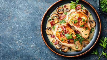 Delicious grilled chicken breast served with sauted mushrooms and crispy bacon on a rustic plate garnished with fresh herbs and creamy sauceの素材