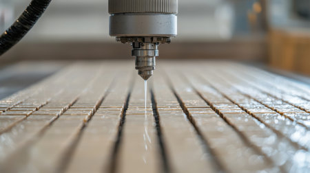 Precision CNC Router Cutting Wood Material Featuring Water Mist Spray for Cooling During Milling Process in Modern Workshop Environmentの素材