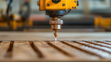 Close-Up View of CNC Laser Engraving Machine Working on Wood Material for Precise Cutting and Detailed Designs in a Modern Workshop Environmentの素材