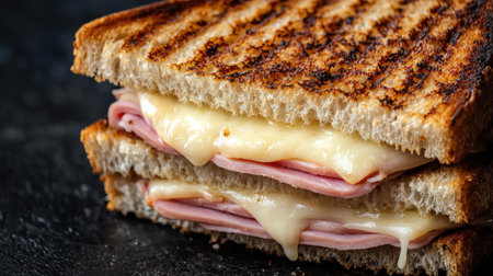A close-up view of a delicious grilled sandwich made with melted cheese and sliced ham on toasted bread, perfect food for a cozy meal or snack timeの素材