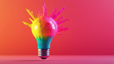 Vibrant Colorful Light Bulb with Explosive Paint Splash on Modern Gradient Background for Creative and Artistic Conceptsの素材