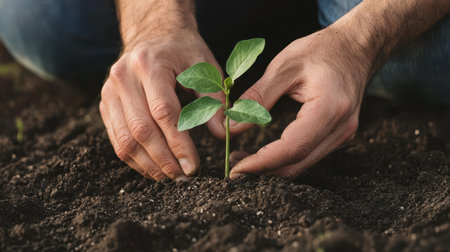 Hands Gently Planting Small Green Seedling into Fertile Soil in an Organic Garden, Nurturing Growth and Sustainability in Nature's Environmentの素材