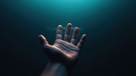 Human hand reaching out towards illuminated space with futuristic technology visualizations and abstract light effects in a dark environmentの素材