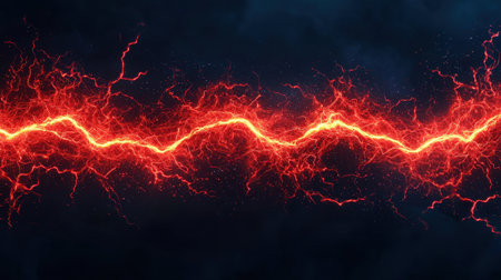 Dynamic Lightning Bolt Illustration on Dark Background with Bright Red Energy Cracks and Electric Effects for Creative Projectsの素材