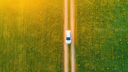 Aerial View of a Car Driving on a Dirt Road Through a Lush Green Field During Golden Hour with Soft Sunlight and Vibrant Nature Aroundの素材