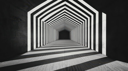 Geometric Tunnel with Striking Black and White Patterns and Intricate Lines, Creating an Artistic and Abstract Visual Experienceの素材