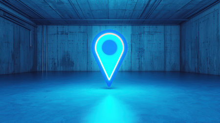 Neon location pin in a futuristic, dark concrete setting with glowing blue light casting shadows and reflections on the ground, ideal for navigation themesの素材