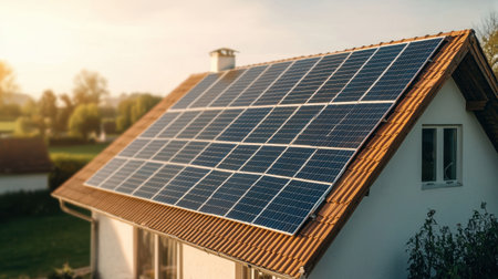 Solar Panels Installed on Roof of Modern Home, Harnessing Renewable Energy for Sustainable Living and Eco-Friendly Solutions in a Residential Areaの素材