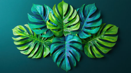 Vibrant Green Tropical Leaves on Dark Teal Background for Nature and Home Decor Inspirationの素材