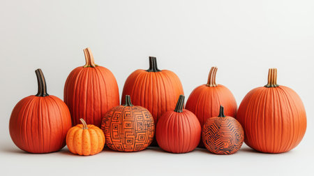 A Vibrant Collection of Unique and Artistic Pumpkins Displayed on a Light Background for Autumn and Halloween Themes in Various Shapes and Sizesの素材