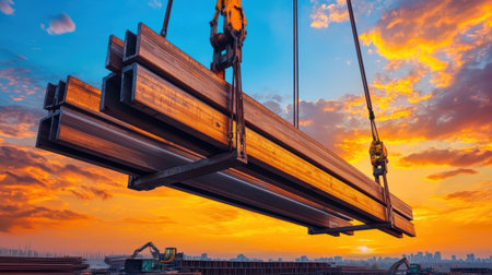 Crane Lifting Steel Beams at Sunset Over Industrial Construction Site with Vibrant Sky and Clouds Reflecting Warm Colorsの素材