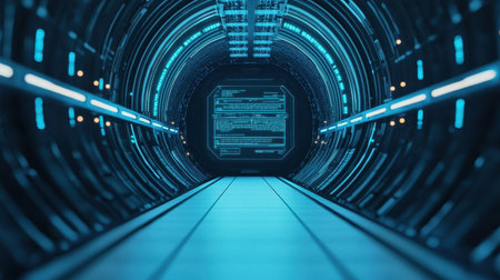 Futuristic Sci-Fi Tunnel with Glowing Blue Lights and Digital Interface in Dark Background, Ideal for Technology and Cybersecurity Themesの素材