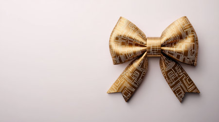 Elegant golden gift bow with geometric patterns on a soft pastel background, perfect for celebrating special occasions and enhancing presents or decorations.の素材
