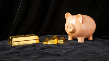 Piggy Bank Next to Gold Bars on Dark Fabric Background, Symbolizing Savings, Wealth, and Financial Security in Creative Business Conceptの素材