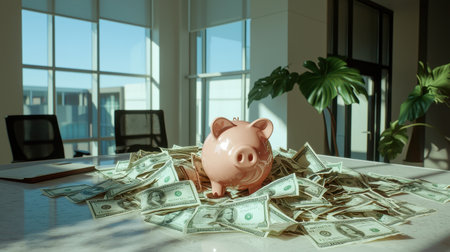 Piggy bank surrounded by stacks of dollar bills in a bright office setting, symbolizing savings, finance, investment, and wealth management strategiesの素材