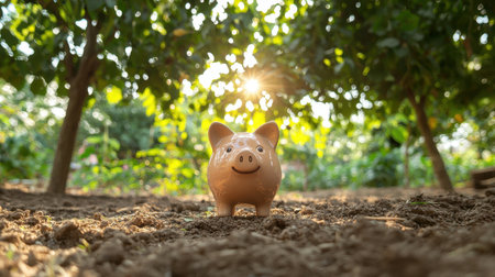 Piggy Bank Surrounded by Lush Greenery and Sunlight in a Garden Setting Symbolizing Saving, Growth, and Financial Prosperity in Natureの素材