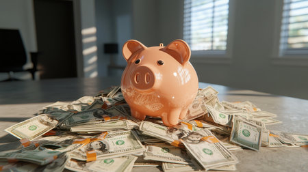 Piggy bank surrounded by stacks of cash and money, symbolizing savings, financial planning, investment opportunities, and wealth accumulation strategies.の素材