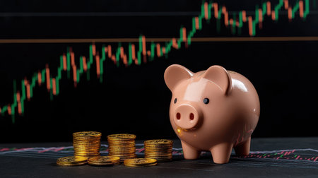 Cute pink piggy bank with golden coins on a financial chart background representing savings, investment growth, and economic prosperity in finance conceptsの素材
